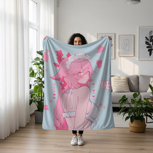 Genshin Impact Yae Miko Shy Maid Flannel Blanket, Seductive Guuji Art Bedding, Soft Anime Peripheral