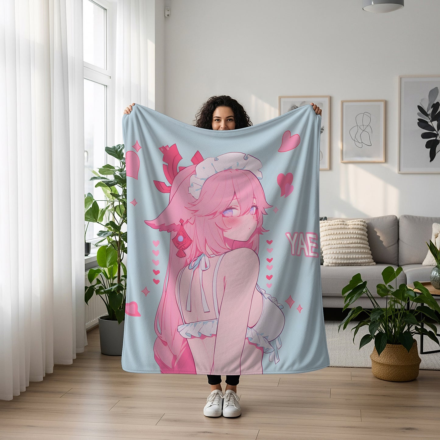 Genshin Impact Yae Miko Shy Maid Flannel Blanket, Seductive Guuji Art Bedding, Soft Anime Peripheral