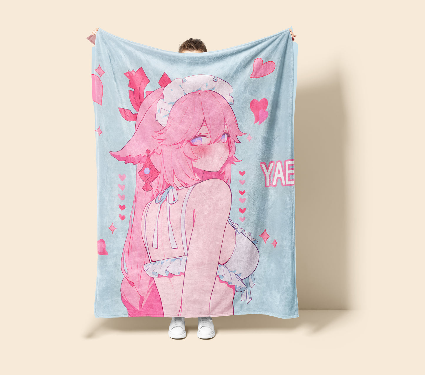 Genshin Impact Yae Miko Shy Maid Flannel Blanket, Seductive Guuji Art Bedding, Soft Anime Peripheral