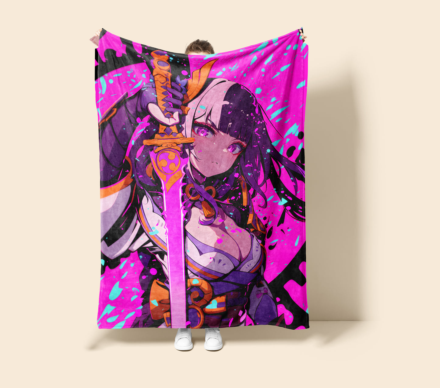 Raiden Shogun, Genshin Impact Merch, Sword Drawing Pose Flannel Blanket, Musou no Hitotachi Anime Peripheral, Otaku Bedding