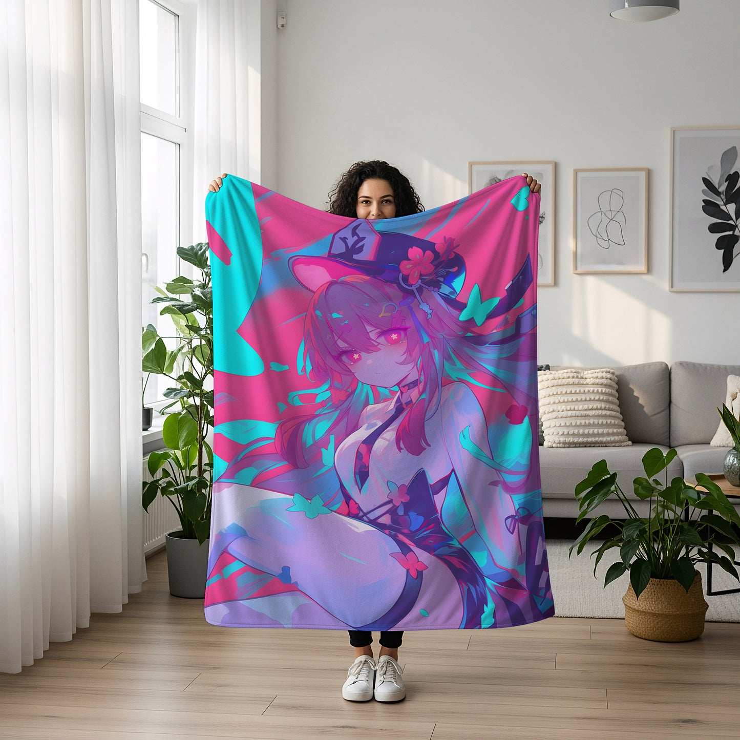 Hu Tao, Genshin Impact Merch, Moe Aesthetic Flannel Blanket, Wangsheng Director Anime Peripheral, Otaku Bedding