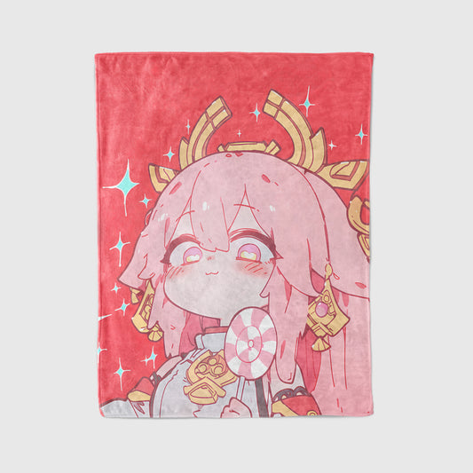 Yae Miko, Genshin Impact Merch, Cute Chibi Aesthetic Flannel Blanket, Lady Guuji Anime Peripheral, Kawaii Otaku Gift