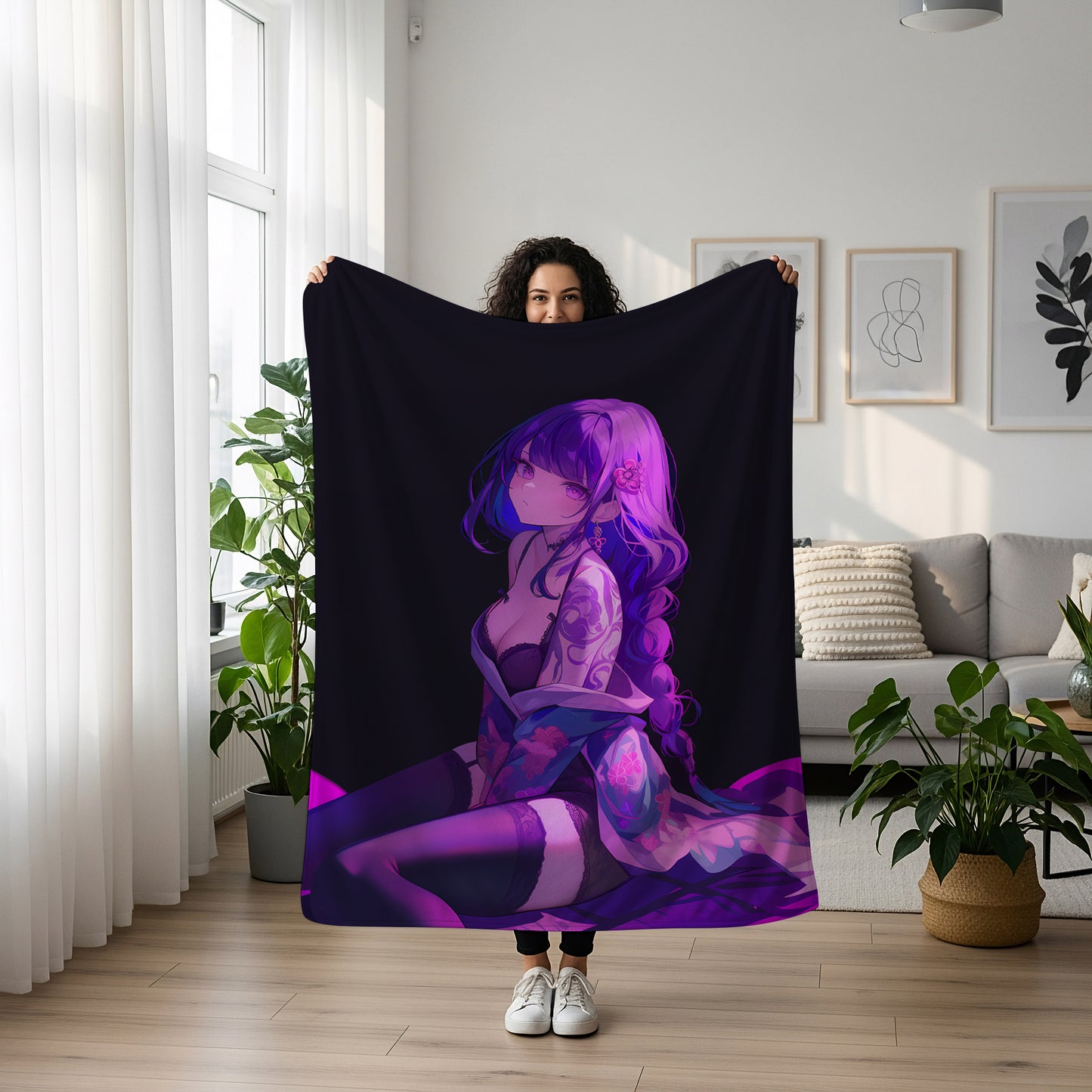 Raiden Shogun, Genshin Impact Merch, Tattoo Art Mature Flannel Blanket, Raiden Ei Anime Peripheral, Otaku Decor
