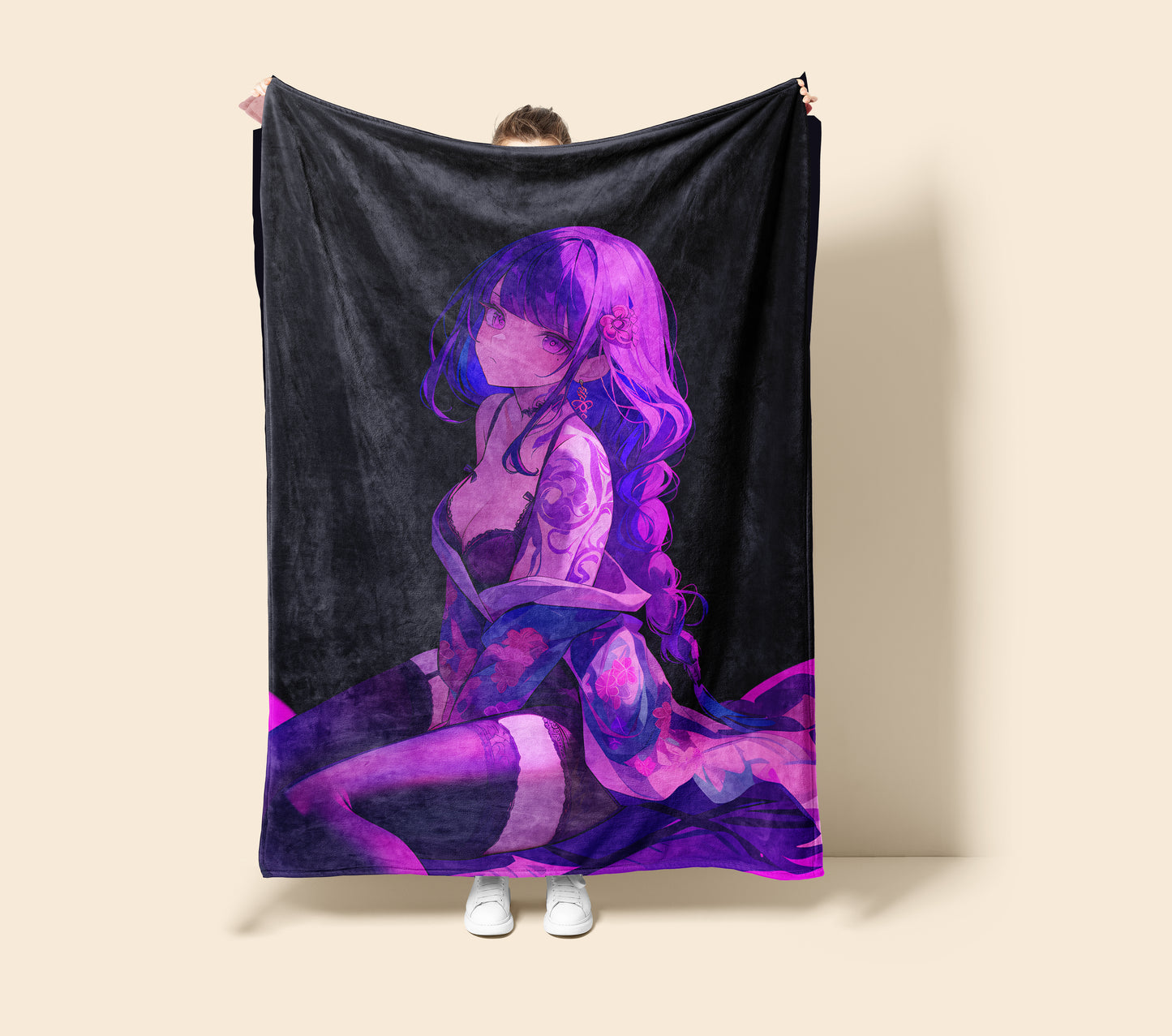 Raiden Shogun, Genshin Impact Merch, Tattoo Art Mature Flannel Blanket, Raiden Ei Anime Peripheral, Otaku Decor