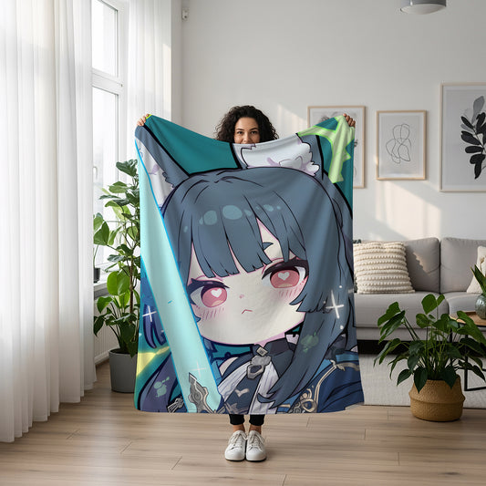 Hoshimi Miyabi, Zenless Zone Zero Merch, Cute Chibi Flannel Blanket, ZZZ Anime Peripheral, Kawaii Otaku Decor
