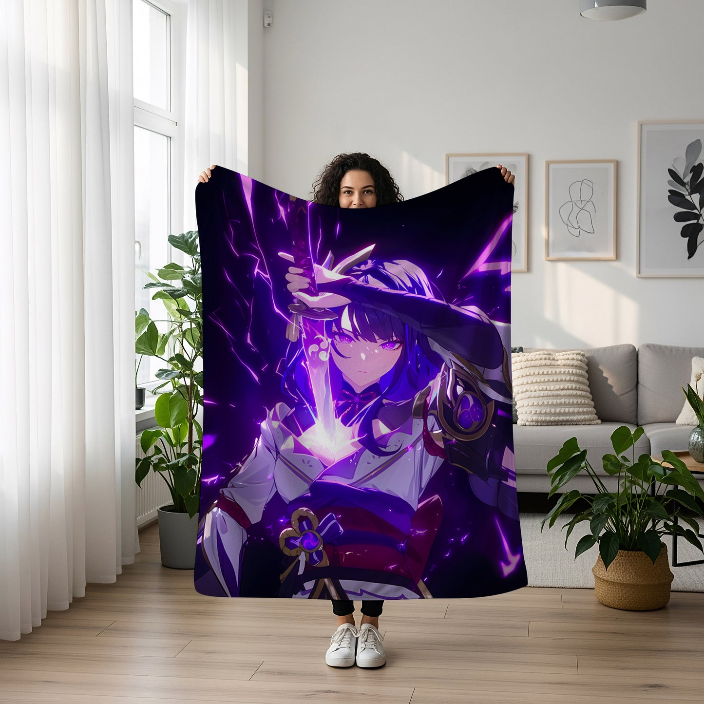 Raiden Shogun, Genshin Impact Merch, Combat Stance Flannel Blanket, Electro Archon Anime Peripheral, Otaku Bedding