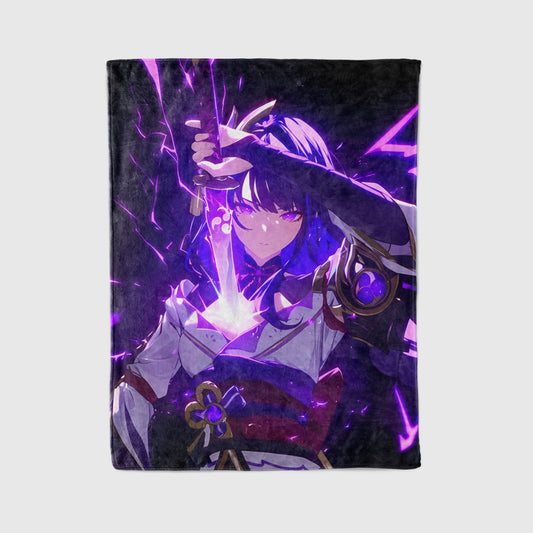 Raiden Shogun, Genshin Impact Merch, Combat Stance Flannel Blanket, Electro Archon Anime Peripheral, Otaku Bedding