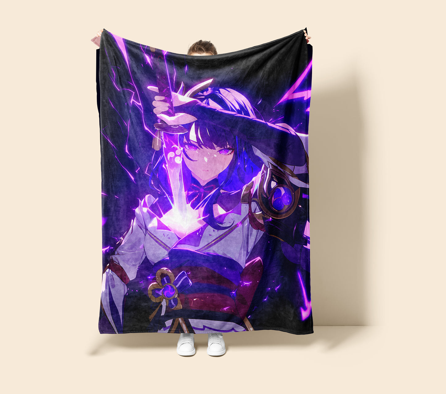 Raiden Shogun, Genshin Impact Merch, Combat Stance Flannel Blanket, Electro Archon Anime Peripheral, Otaku Bedding