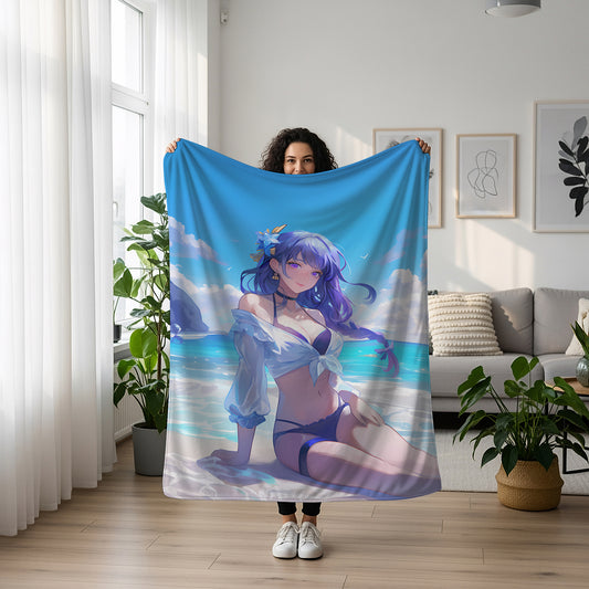 Raiden Shogun, Genshin Impact Merch, Summer Bikini Flannel Blanket, Seductive Anime Peripheral, Otaku Home Decor