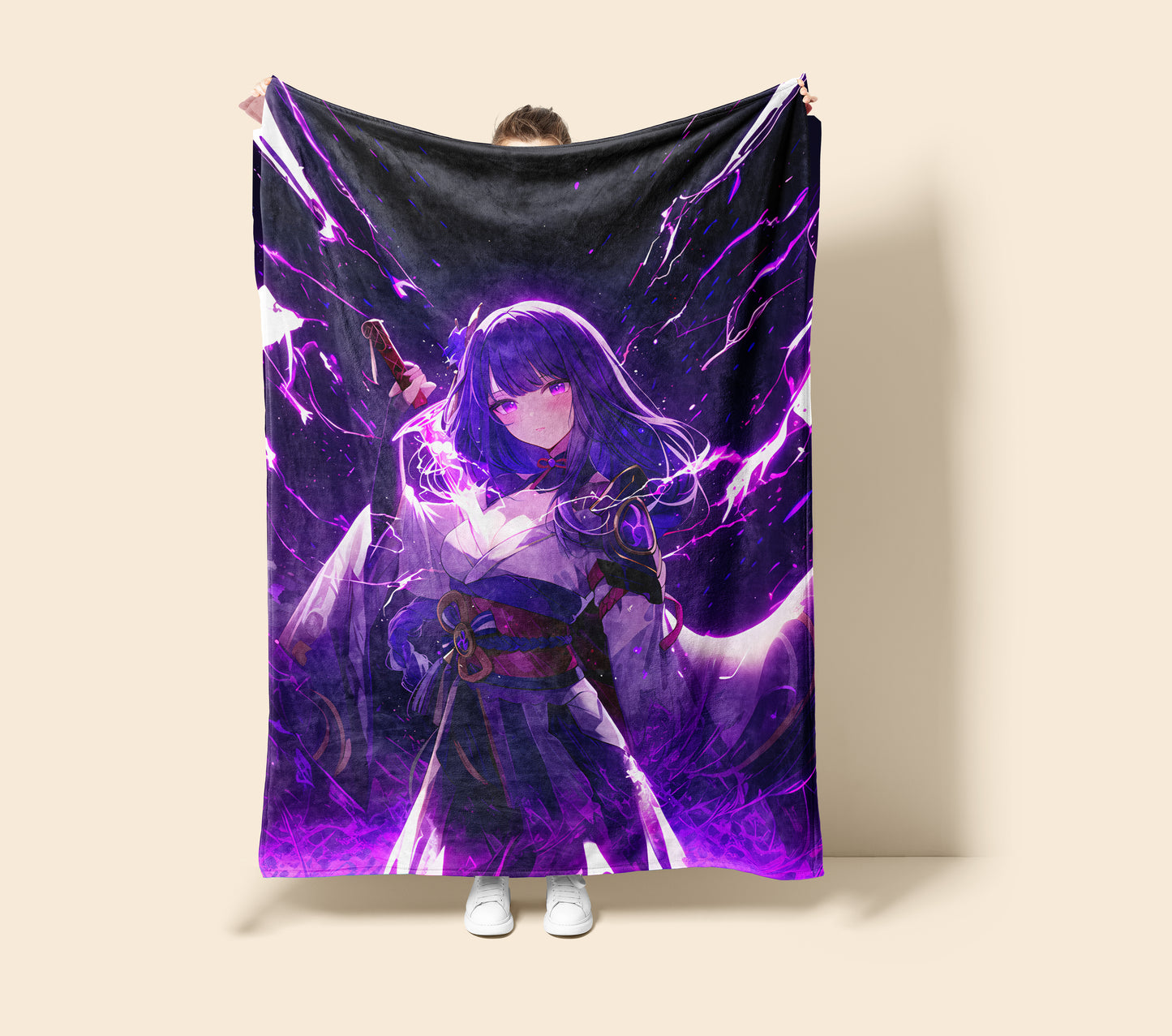 Raiden Shogun, Genshin Impact Merch, Musou Drawing Pose Flannel Blanket, Anime Art Bedding, Premium Otaku Peripheral