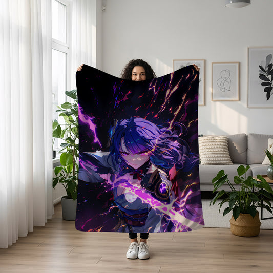 Raiden Shogun, Genshin Impact Merch, Cool Sword Draw Flannel Blanket, Electro Archon Anime Peripheral, Otaku Decor