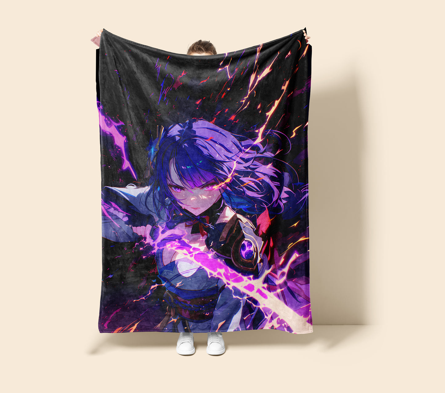 Raiden Shogun, Genshin Impact Merch, Cool Sword Draw Flannel Blanket, Electro Archon Anime Peripheral, Otaku Decor