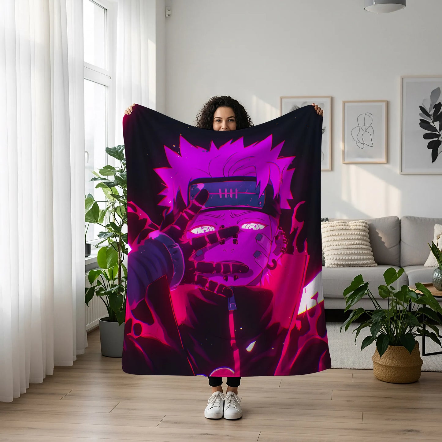 Uzumaki Naruto Neon Glow Style Flannel Blanket, Naruto Anime Cyberpunk Ninja, Vibrant Wall Decor, Otaku Collection Gift