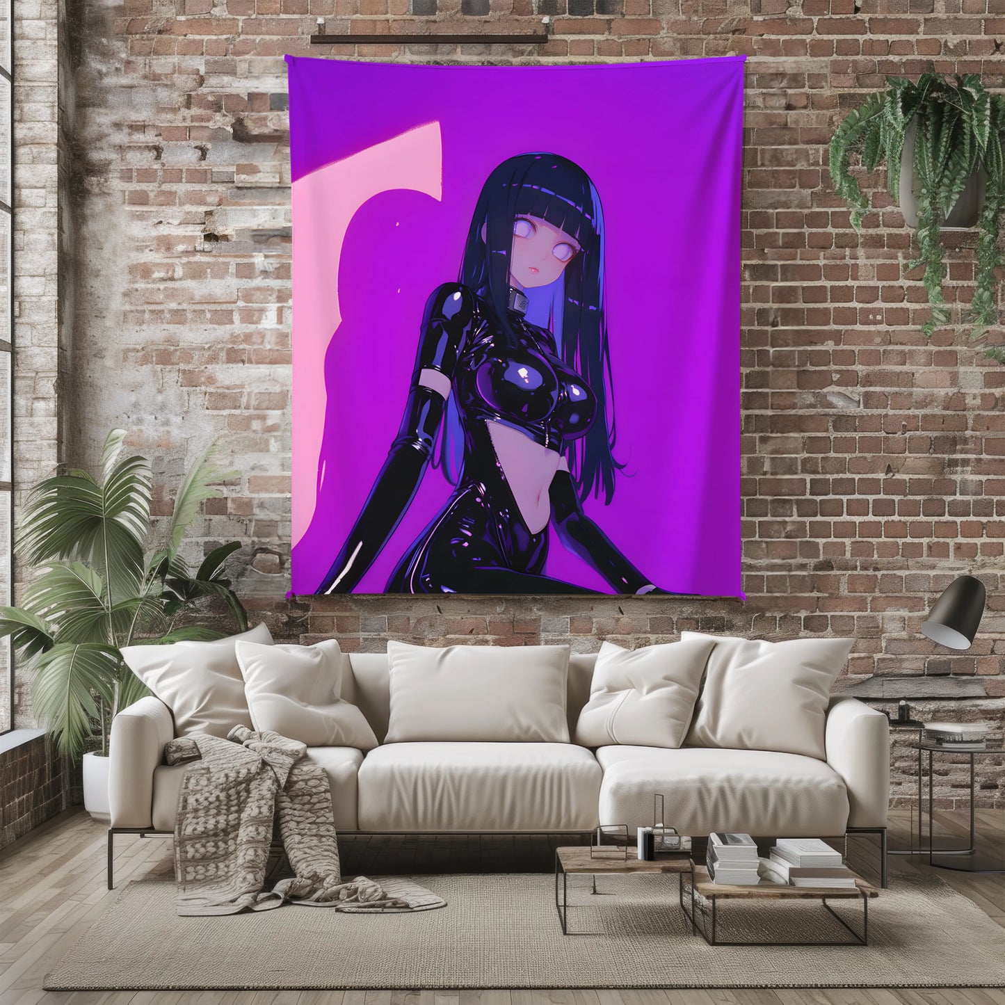 Hinata Hyuga Black Latex Bodysuit Style Flannel Blanket, Naruto Sexy Waifu Art, Otaku Wall Decor, Unique Art Piece Gift