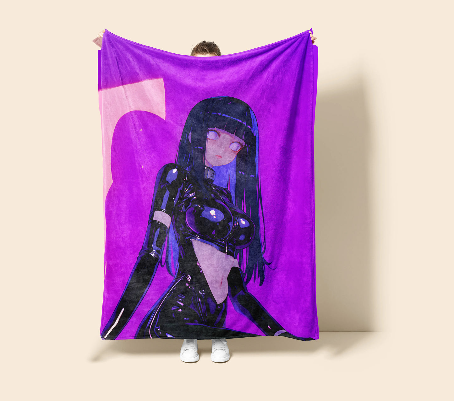 Hinata Hyuga Black Latex Bodysuit Style Flannel Blanket, Naruto Sexy Waifu Art, Otaku Wall Decor, Unique Art Piece Gift