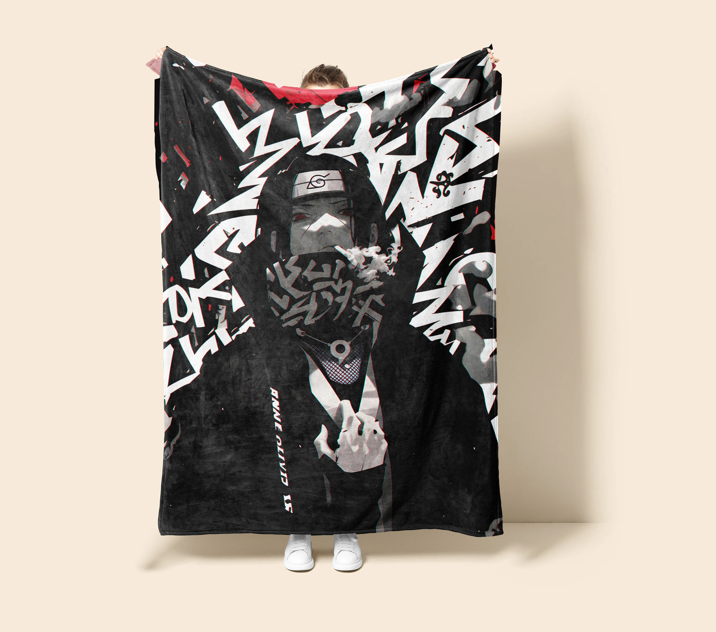 Itachi Uchiha Street Graffiti Style Flannel Blanket, Naruto Urban Art Ninja, Cool Anime Wall Hanging, Gamer Room Decor
