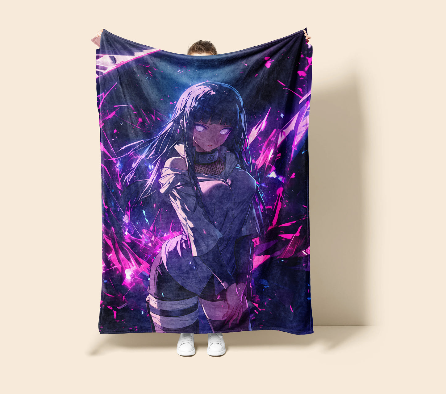 Hinata Hyuga Sci-Fi Futuristic Style Flannel Blanket, Naruto Cyber Anime Girl, Digital Art Decor, Techwear Waifu Gift