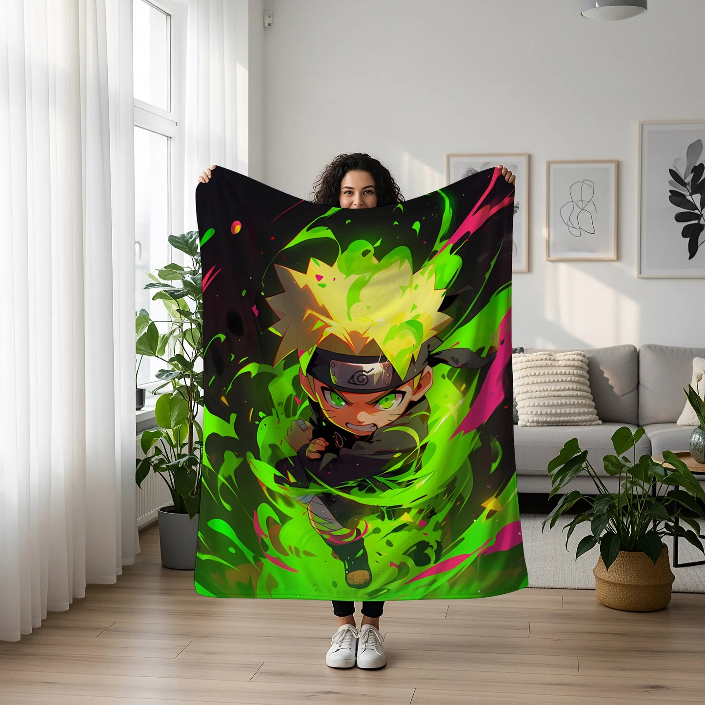 Uzumaki Naruto Cute Chibi Style Flannel Blanket, Naruto Mini Ninja Art, Kids Bedroom Decor, Kawaii Anime Gift for Fans