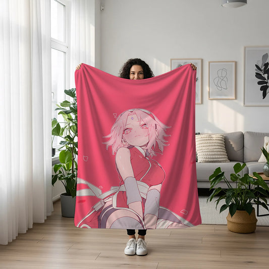 Sakura Haruno Classic Manga Style Flannel Blanket, Naruto Anime Art, Floral Background Decor, Otaku Collection Gift