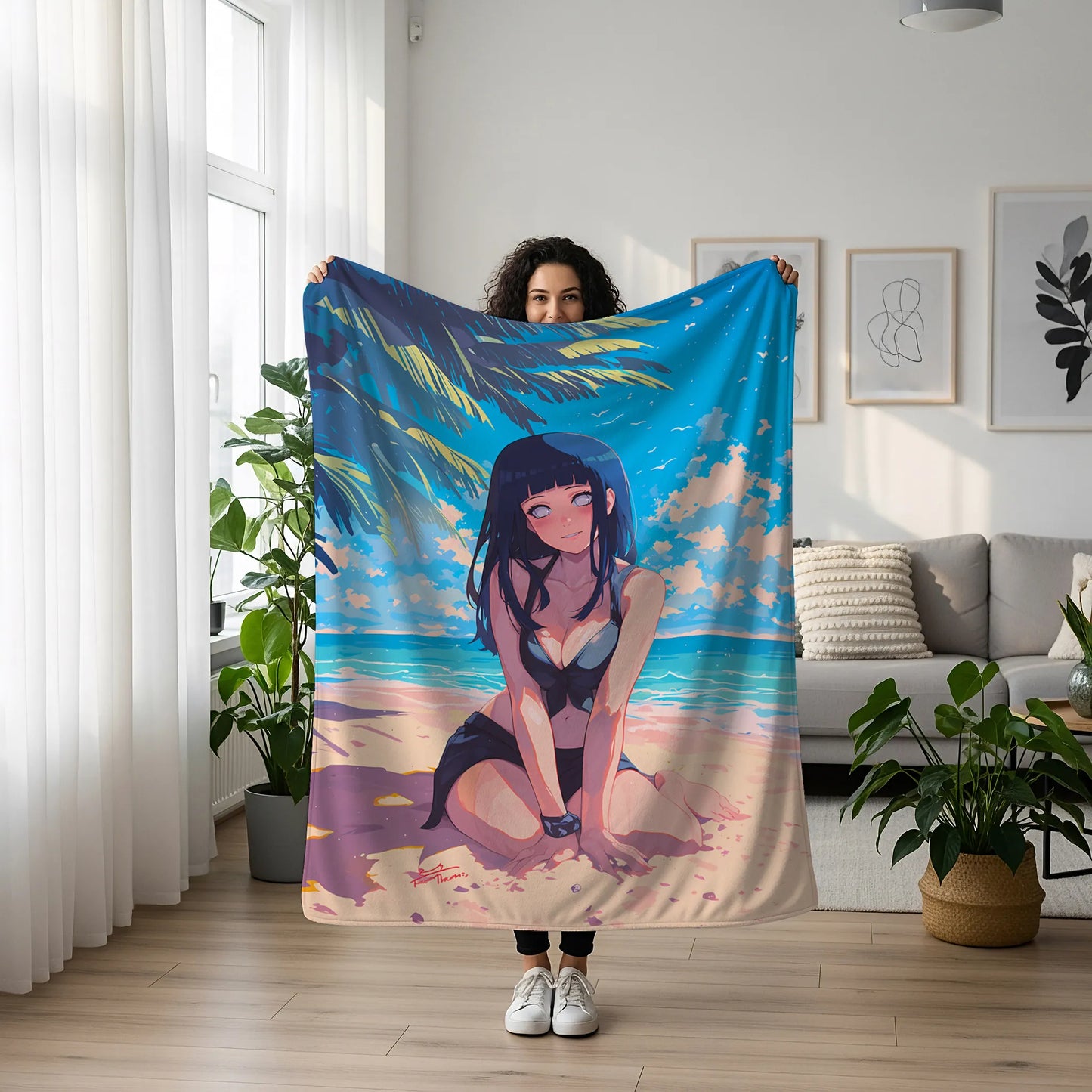Hinata Hyuga Summer Swimsuit Style Flannel Blanket, Naruto Beach Vibes, Sexy Anime Girl Art, Vacation Home Decor Gift