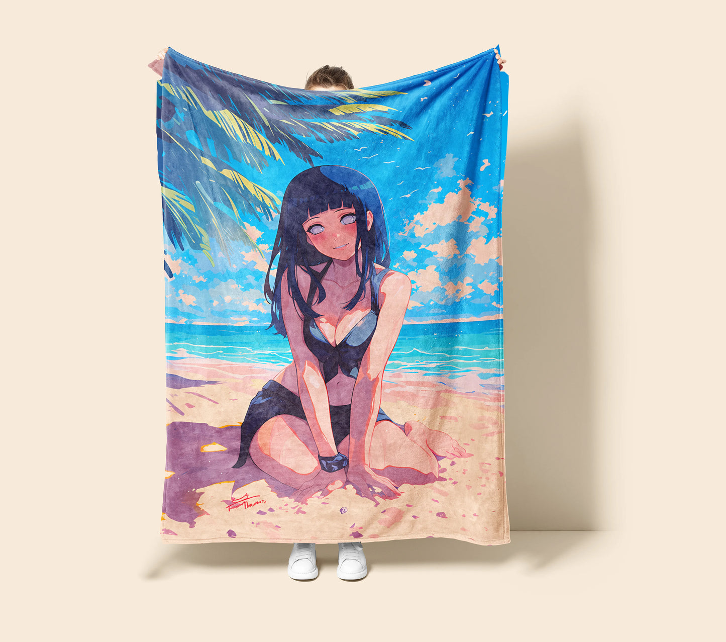 Hinata Hyuga Summer Swimsuit Style Flannel Blanket, Naruto Beach Vibes, Sexy Anime Girl Art, Vacation Home Decor Gift