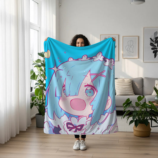 Rem Cute Chibi Flannel Blanket, Re:Zero Merch, Kawaii Maid Anime Peripheral, Otaku Gift Bedding