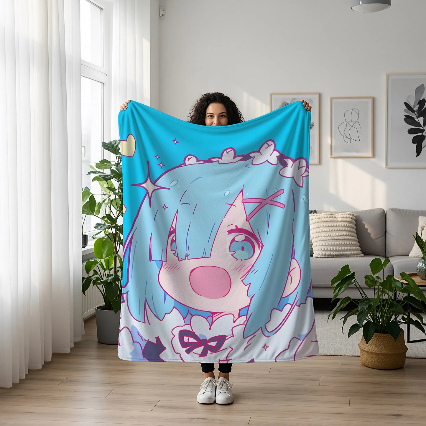Rem Cute Chibi Flannel Blanket, Re:Zero Merch, Kawaii Maid Anime Peripheral, Otaku Gift Bedding