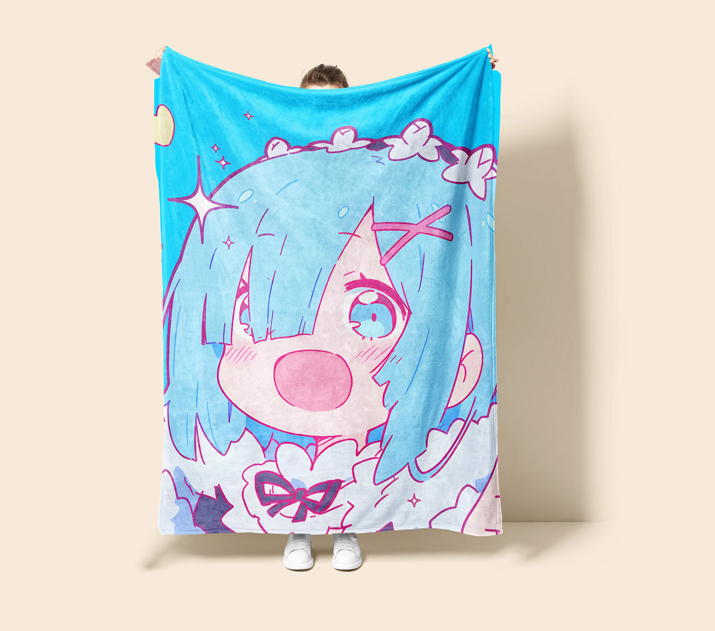 Rem Cute Chibi Flannel Blanket, Re:Zero Merch, Kawaii Maid Anime Peripheral, Otaku Gift Bedding