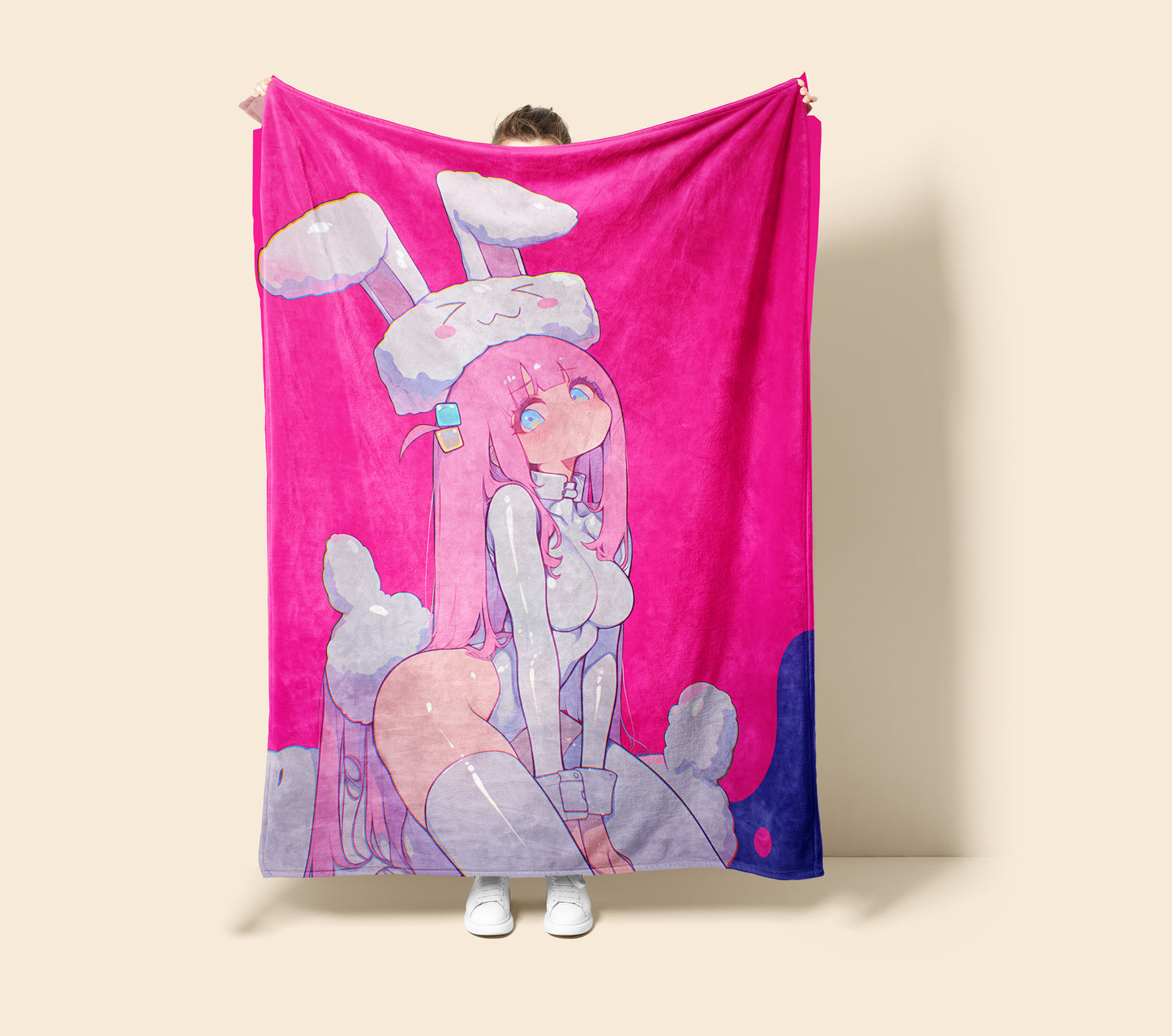 Gotoh Hitori Bunny Ears Art Blanket, Bocchi the Rock Kawaii Decor, Cute Bunny Girl Hitori Design, Premium Kawaii Gift, Anime Art Blanket