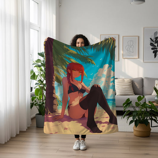 Makima Summer Bikini Art Blanket, Chainsaw Man Makima Swimwear Decor, Sexy Beach Aesthetic, Premium Anime Girl Gift, Custom Art Blanket