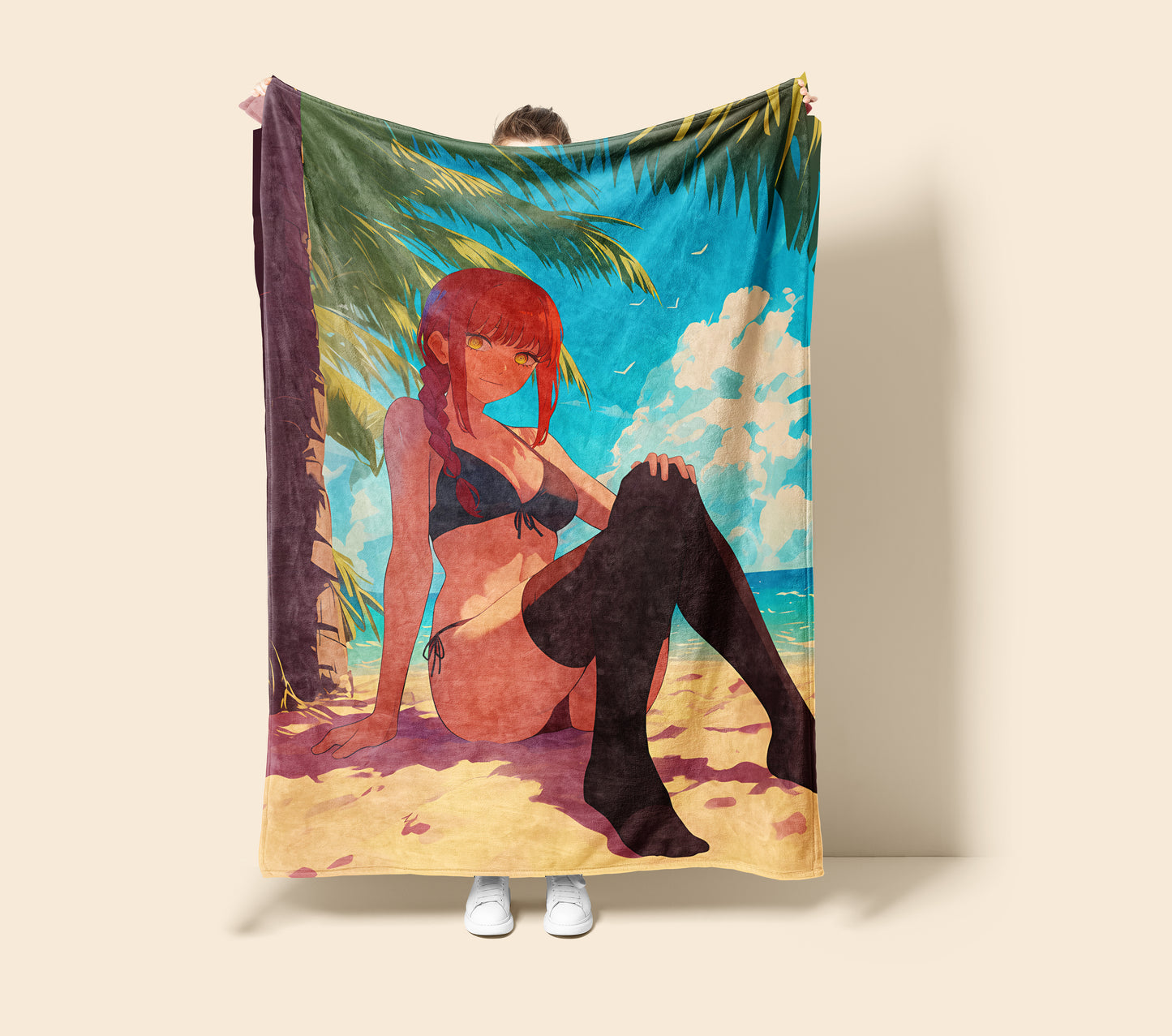 Makima Summer Bikini Art Blanket, Chainsaw Man Makima Swimwear Decor, Sexy Beach Aesthetic, Premium Anime Girl Gift, Custom Art Blanket