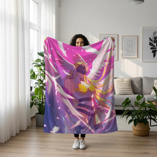 Angewomon Classic Archon Flannel Blanket, Digimon Merch, Nostalgic Anime Peripheral, Otaku Bedding