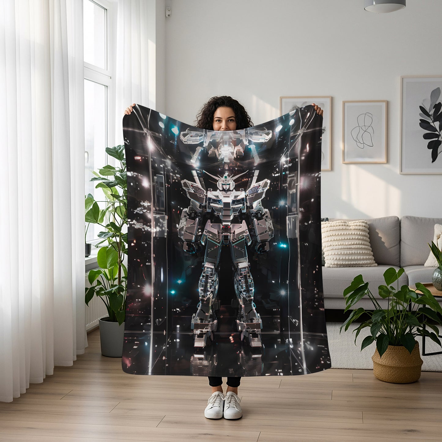 Gundam Cyberpunk Mecha Art Blanket, Mobile Suit Neon Decor, Futuristic Urban Warrior Design, Premium Anime Gift, OOAK Art
