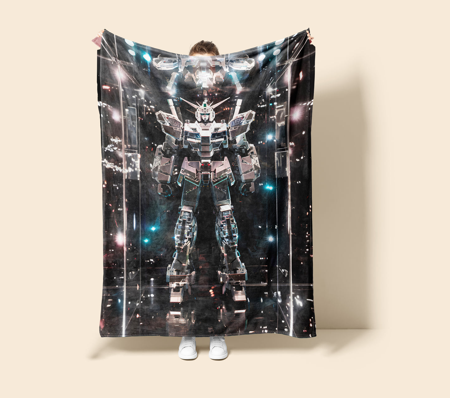 Gundam Cyberpunk Mecha Art Blanket, Mobile Suit Neon Decor, Futuristic Urban Warrior Design, Premium Anime Gift, OOAK Art