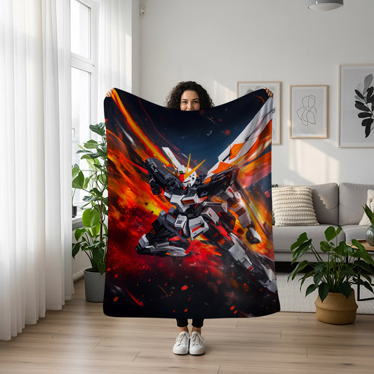 Gundam Battle Form Art Blanket, Mobile Suit Epic Combat Decor, Intense Mecha Warfare Design, Premium Fan Gift, Anime Art Bedding