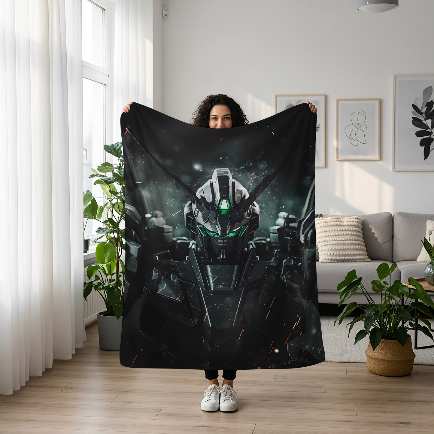 Gundam Snowy Night Art Blanket, Mobile Suit Winter Decor, Serene Mecha Moonlit Design, Premium Fan Gift, Custom Art Blanket