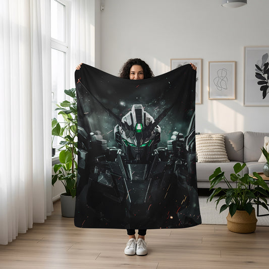 Gundam Snowy Night Art Blanket, Mobile Suit Winter Decor, Serene Mecha Moonlit Design, Premium Fan Gift, Custom Art Blanket