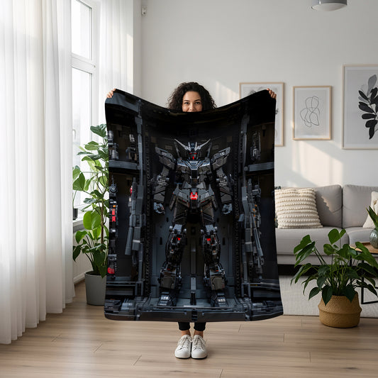 Black Gundam Mobile Suit Art Blanket, Stealth Mecha Aesthetic Decor, Dark Iron Warrior Design, Premium Fan Gift, Aesthetic Art