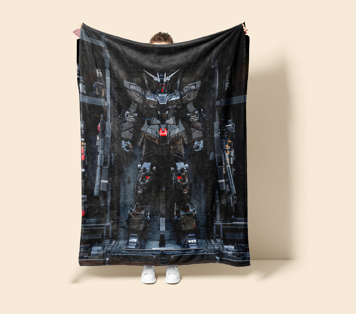 Black Gundam Mobile Suit Art Blanket, Stealth Mecha Aesthetic Decor, Dark Iron Warrior Design, Premium Fan Gift, Aesthetic Art