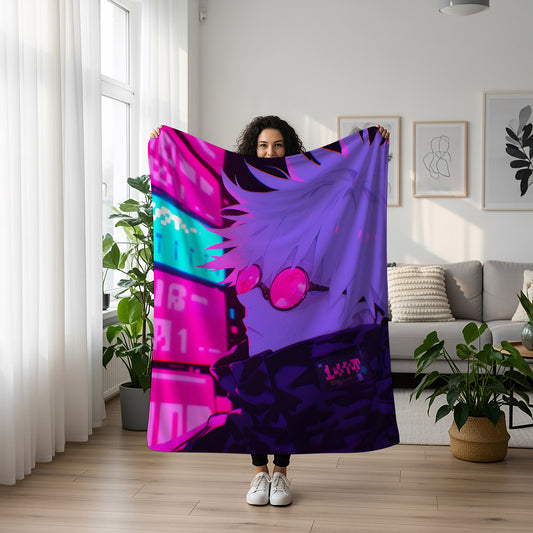 Gojo Satoru Neon Street Art Blanket, Jujutsu Kaisen Cyberpunk Decor, Urban Fashion Design, Premium Anime Gift, OOAK Art