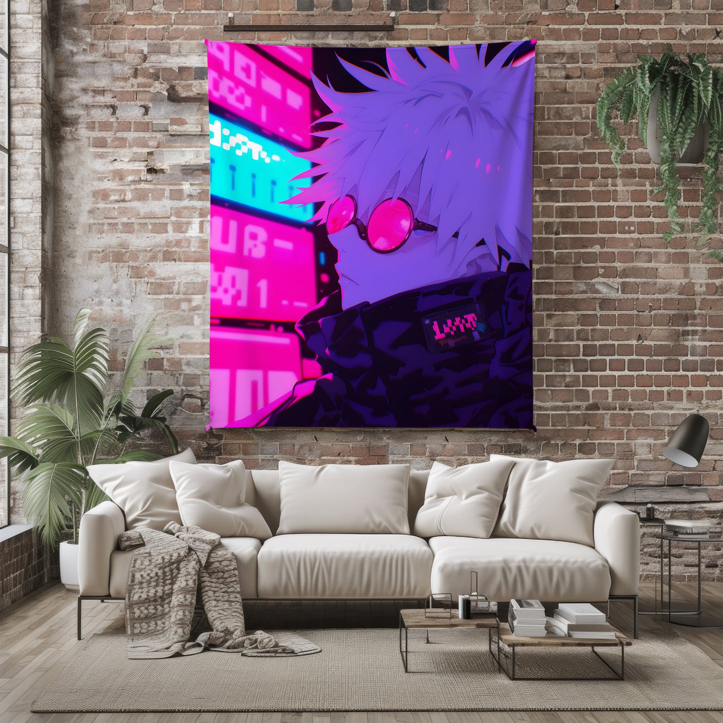 Gojo Satoru Neon Street Art Blanket, Jujutsu Kaisen Cyberpunk Decor, Urban Fashion Design, Premium Anime Gift, OOAK Art