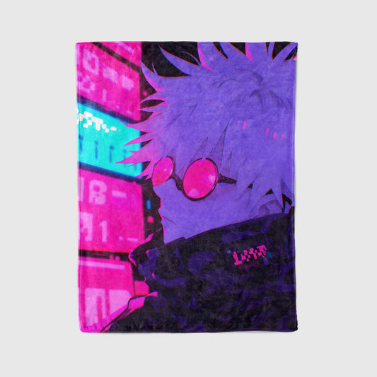 Gojo Satoru Neon Street Art Blanket, Jujutsu Kaisen Cyberpunk Decor, Urban Fashion Design, Premium Anime Gift, OOAK Art