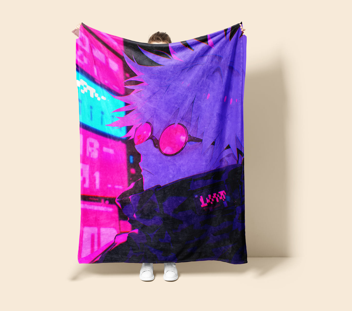 Gojo Satoru Neon Street Art Blanket, Jujutsu Kaisen Cyberpunk Decor, Urban Fashion Design, Premium Anime Gift, OOAK Art