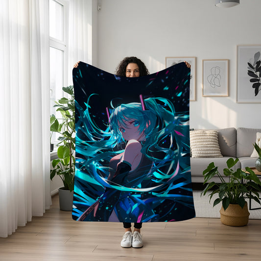 Hatsune Miku, Vocaloid, Futuristic Cyberpunk Style, Techwear Anime Girl, Digital Art Blanket, Neon City Decor, Gamer Room Wall Art