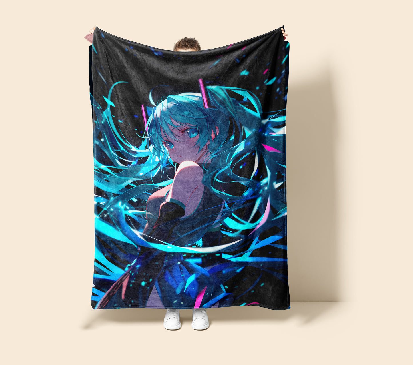 Hatsune Miku, Vocaloid, Futuristic Cyberpunk Style, Techwear Anime Girl, Digital Art Blanket, Neon City Decor, Gamer Room Wall Art