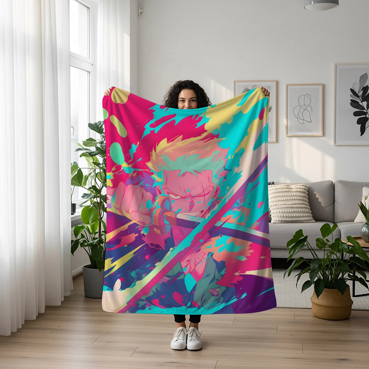 Roronoa Zoro Graffiti Art Flannel Blanket, One Piece Merch, Straw Hat Pirate Anime Peripheral, Otaku Bedding Decor