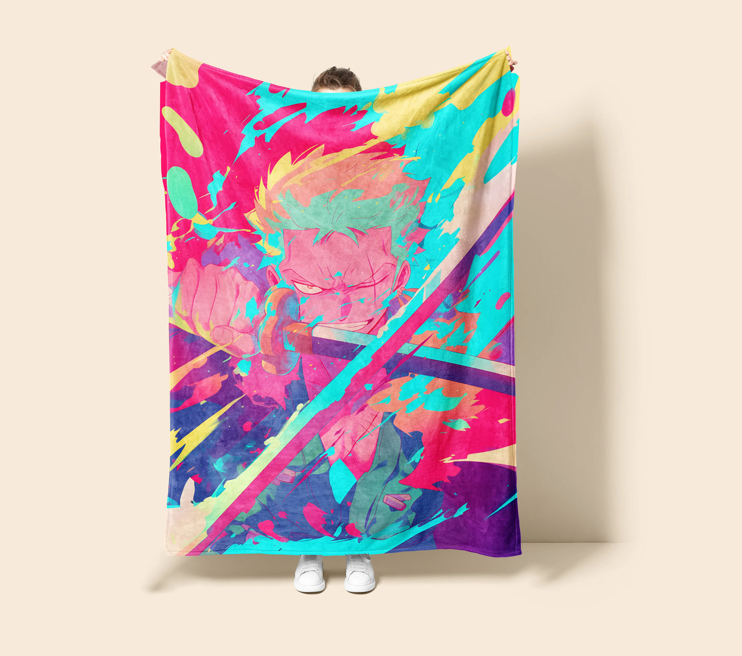 Roronoa Zoro Graffiti Art Flannel Blanket, One Piece Merch, Straw Hat Pirate Anime Peripheral, Otaku Bedding Decor