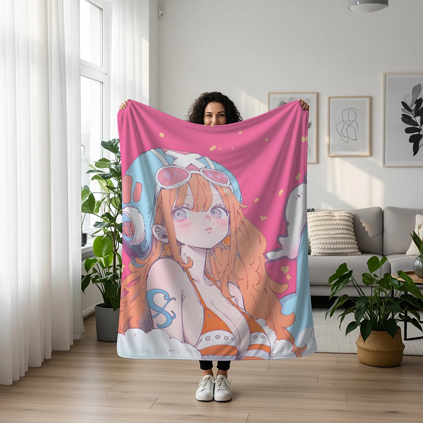 Nami Retro Bikini Comic Style Flannel Blanket, One Piece Merch, Anime Peripheral, Otaku Bedding