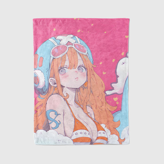 Nami Retro Bikini Comic Style Flannel Blanket, One Piece Merch, Anime Peripheral, Otaku Bedding