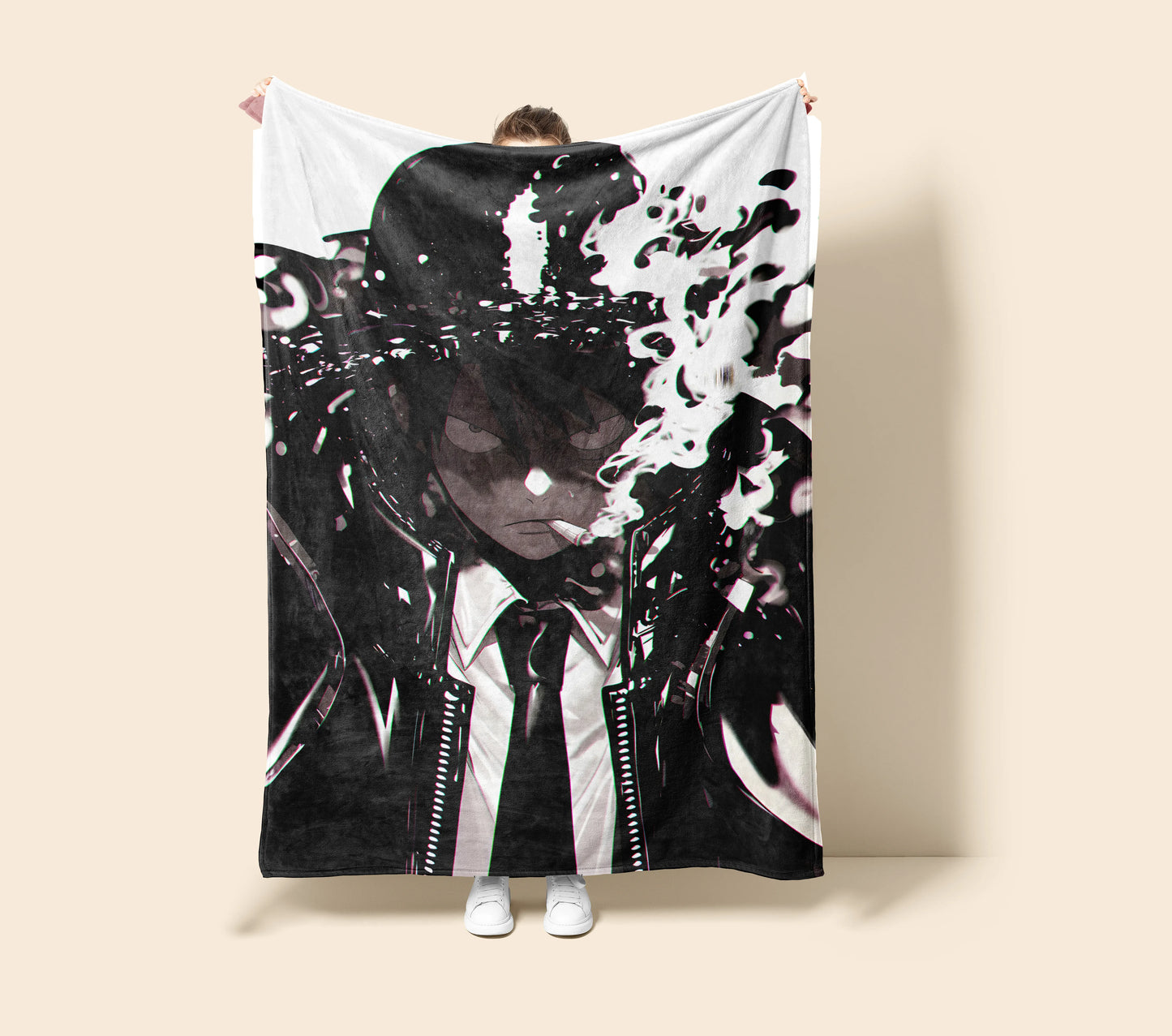 Monkey D Luffy Mob Boss Style Flannel Blanket, One Piece Merch, Straw Hat Captain Anime Peripheral, Otaku Decor